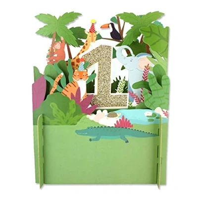 Image de Alljoy Cards APOP001 Carte de vœux pop up 3D pour 1er anniversaire Jungle Party