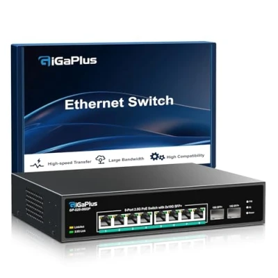 Image de commutateur PoE non géré 10 port 2.5G avec 8 Base T, 2 liaisons montantes SFP+ 10G, 802.3af/at (PoE+), capacité de commutation 80Gbps, GigaPlus pour NAS/PC, routeur WiFi6