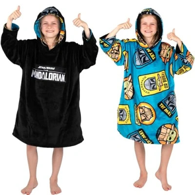 Image de Star Wars Mandalorian Couverture à capuche surdimensionnée pour enfants super douce en polaire double face Cadeau garçons taille unique noir/bleu,