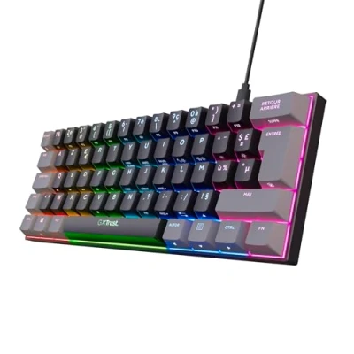 Image de Trust Gaming GXT 867 Acira 60% Clavier Mécanique AZERTY Français, Touches à Double Fonction, Éclairage RGB, USB Compact Mini Gamer 60 Pourcent Programmable PC Portable Noir/Gris