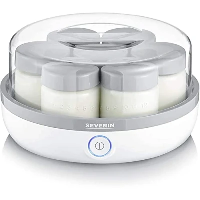 Image de SEVERIN Yaourtière pratique et compacte, Machine à yaourt maison 13 W, électrique 7 pots de en verre 150 ml avec couvercle, garanti sans BPA, Blanc/Gris, JG 3518