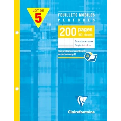 Image de Clairefontaine 1351Cpack Un Lot de 5 Étuis Feuillets Mobiles Perforés 17x22 cm 200 Pages Grands Carreaux Papier Blanc 90 g Étui Réutilisable