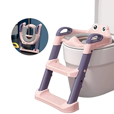 Image de Balakaka Siège Toilette Enfant avec Échelle, Réducteur de WC pour Enfants Anti dérapant, Pliable et Réglable, Reducteur Bébé Coussin Poignée Dossier 1 7 Ans (Rose)