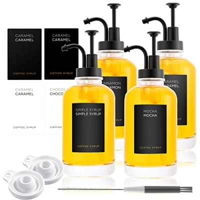 Image de Joyfulmap Lot de 4 distributeurs sirop café, distributeur à pompe noire avec bouteilles pour accessoires bar bouteille café minimaliste en verre sirops simples d&#039;érable/café,