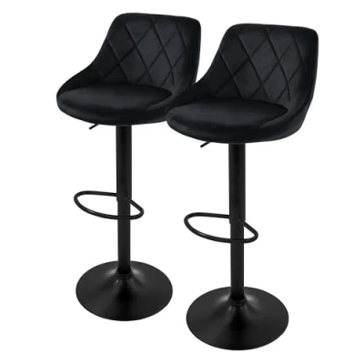 Image de ML Design Lot de 2 Tabourets Bar en Velours, Noir, Chaise Rembourrée avec Dossier et Repose Pieds, Réglable Hauteur 62 82 cm, Pivotante à 360, Tabouret Comptoir, Pub, Cuisine, Maison