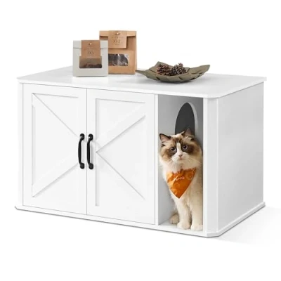 Image de Feandrea Meuble Litière pour Chat, Moderne Cache Litière, Entrée par Devant, Double Porte, Poignées, Maison Table d’Appoint, 85 x 48,5 50 cm, Blanc Nuage PCL012W01