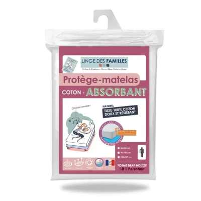 Image de Linge des Familles Protège Matelas 90x190 cm Doux et Absorbant Molleton 100% Coton Grands Bonnets Forme Drap Housse