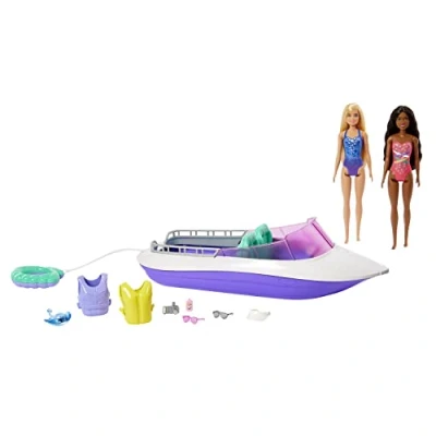 Image de Barbie Coffret Le Pouvoir des Sirènes avec 2 Poupées Malibu Et Brooklyn, 1 Bateau À Fond Transparent 45,7 Cm, 4 Sièges Accessoires, Jouet Enfant, A Partir De 3 Ans, HJK58