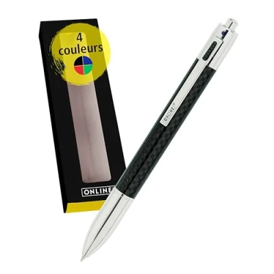 Image de Online stylo à bille 4 couleurs Carbon, multifonctionnel, recharges de taille moyenne bleu, rouge, vert, noir, rechargeable, élégant en carbone noir avec coffret cadeau