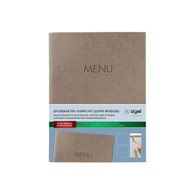 Image de SIGEL SM211 Protège menu à cordon élastique avec 2 pochette transparent pour 8 feuilles DIN A5, gaufrage Menu, beige foncé, 1 pièce