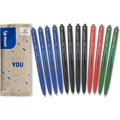 Image de PILOT Lot de 12 stylos bille Super Grip G Stylo rechargeable à encre ultra douce conçu pour une écriture confortable 4 bleus, noirs, 2 rouges, verts Pointe moyenne