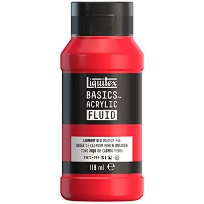 Image de Liquitex 8870386 Basics Fluid Peinture acrylique à consistance fluide, séchage rapide, résistante la lumière, imperméable, base d&#039;eau, Flacon de 118 ml, Rouge Cadmium Moyen Imitation