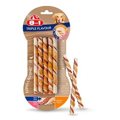 Image de 8in1 Triple Flavour Os à mâcher enveloppés dans un filet de poulet, Bâtonnets torsadés