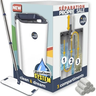 Image de ZIG ZAGLE kit Seau et Serpillière, Séparation Eau Propre Sale : Système Ultra Hygiénique, Nettoyage Facile, Compact, Balai Plat, Serpillère Microfibre, Auto nettoyant, Essoreur Mains Libres
