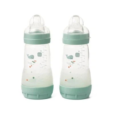 Image de MAM Easy Start Lot de 2 biberons auto stérilisants anti coliques (2 x 260 ml) avec tétine débit moyen Taille Bleu (Les motifs peuvent varier)