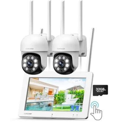 Image de CAMCAMP Kit Caméras de Surveillance Extérieure avec Moniteur 3MP 7&quot; Tactile NVR 32 Go Micro SD, 360 PTZ Couleur Vision Nocturne, Détection Mouvement, 2 Voies Audio, App à Distance