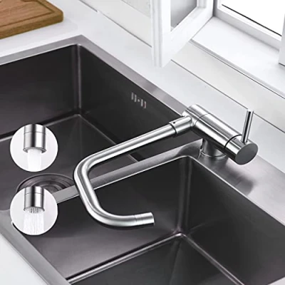 Image de ONECE Robinet Cuisine Rabattable avec 2 Jets, Mitigeur Repliable sous Fenêtre Pivotant à 360, Robinetterie devant Fenêtre, Pliable en Acier Inox SS304, Brossé Anti Empreinte
