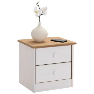 Image de IDIMEX Table de Chevet Rondo avec 2 tiroirs, Nuit en pin Massif, Bois lasuré Blanc et Brun