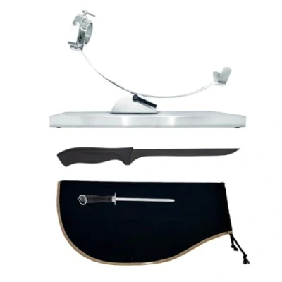Image de NERTHUS FIJ 1449 Support à jambon basculant et tête rotative en acier inoxydable + Couverture de noire Aiguiseur manuel Couteau jambon, Noir