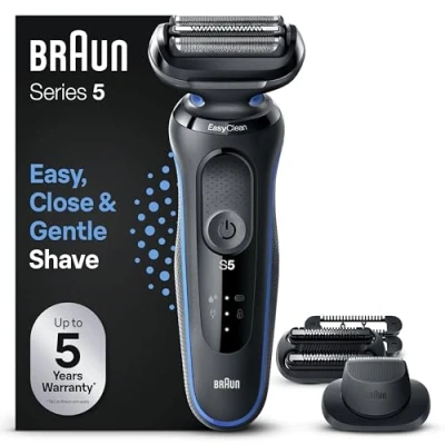Image de Braun Series 5 51 B1820s Rasoir Électrique Pour Homme Avec Accessoires Tondeuse De Précision Et À Barbe, EasyClick, EasyClean,Technologie Wet &amp; Dry, Rechargeable,Rasoir Grille Sans Fil,Bleu