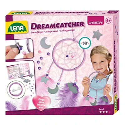 Image de Lena Bricolage Dreamcatcher, pour fabriquer Un Attrape rêves avec Anneau en métal, du Fil, des Plumes et pendentifs Nuage, Lune étoile, kit Enfants à partir de 6 Ans, 42699, Multicolore