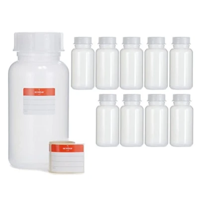 Image de Octopus 10x 1000 ml bouteilles à col large en LDPE avec bouchon vis, vides de 1 litre produits chimiques, laboratoire couvercle comme récipient stockage