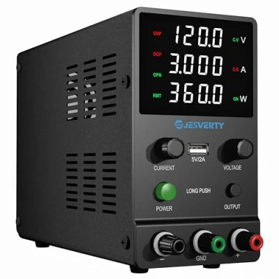 Image de Alimentation CC Variable, 0 120V 3A, de Banc réglable avec Bouton d&#039;encodeur, contrôle Sortie, Affichage LED à 4 Chiffres Haute précision, Port USB 5 V/2 A, Jesverty SPS 12003H