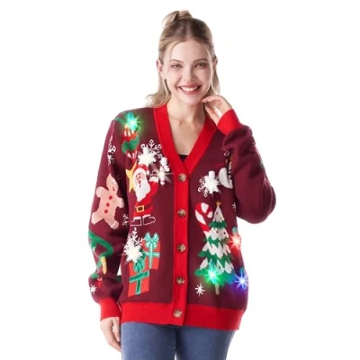Image de Giggling Getup Ugly Sweater Cardigan de Noël LED Rudolph Renne Pull en tricot avec ampoules intégrées pour femme, rouge, XL