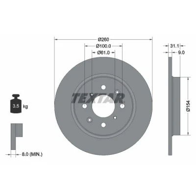 Image de TEXTAR PRO 92234203 Disque de frein 260 9 04/08 100 plein revêtu sans boulon fix roue, moyeu roue HONDA: Jazz 3, Insight II 5 portes