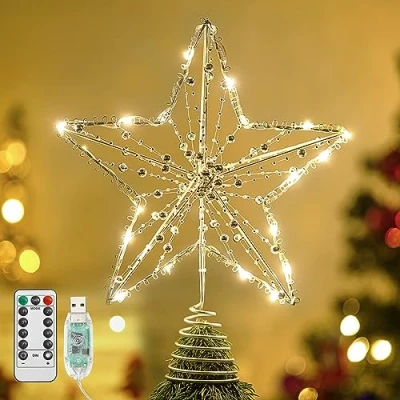 Image de Lewondr Etoile Sapin de Noël en Fer, 12 Pouces Lampe Forme Pentacle avec Guirlande Lumineuse des Perles Base Spirale, Alimentée par Pile, Decoration Noel Intérieur Salon Chambre,Large, Argent
