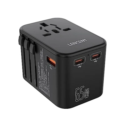 Image de LENCENT Adaptateur de Voyage Universel GaNIII 65W Chargeur Mural avec 1 Port USB et 2 adaptateurs Charge Rapide Type C PD pour iPhone Samsung Ordinateur macbook A/C/G/I USA/UK/EU/AUS