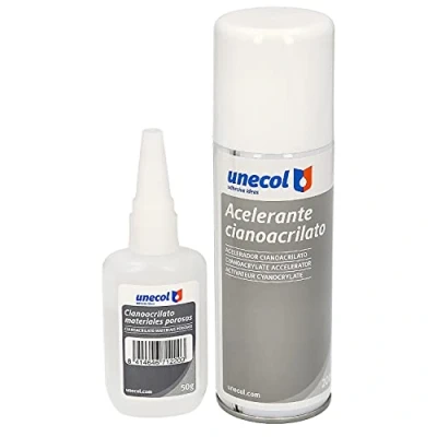 Image de unecol 7156 Kit accelerante + Ciano pour matériaux poreux Bouteille, 200 ml 50 ml), couleur transparent