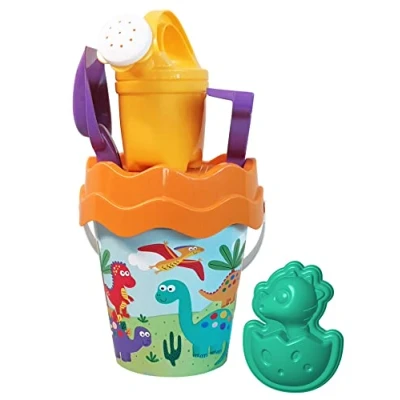 Image de Simba Sandspielzeug Dino 6 pièces, Seau passoire, Moule à Sable, Pelle, râteau, verseur, 16 cm, diamètre : 17 partir de 10 Mois, 107114604, Multicolore, Moyen