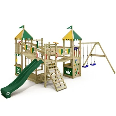 Image de WICKEY Aire de Jeux Smart Queen portique en Bois avec bâche Vert Jaune &amp; balançoire et Toboggan Vert, Tour d&#039;escalade pour Enfants bac à Sable, échelle Accessoires Jeu Le Jardin.