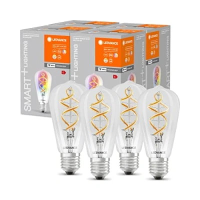 Image de LEDVANCE Ampoule LED intelligente avec Wifi, E27, couleurs RVB modifiables, forme Edison, filament coloré comme lumière d&#039;ambiance, remplace les ampoules de 60W, paquet 4