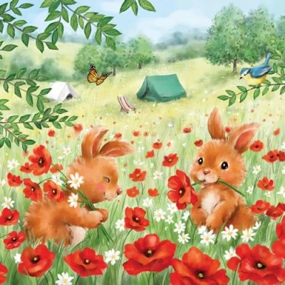 Image de Lot de 20 serviettes en papier avec motifs animaux Lapins dans un champ coquelicots à motif. Convient également pour le découpage et la technique des 33 x cm