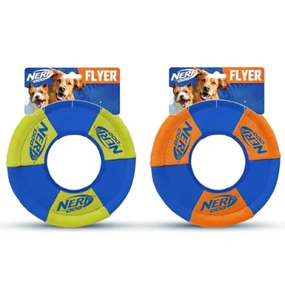 Image de Nerf Dog Lot de 2 Jouets pour Chien avec Anneau à Lancer et Tirer Disque Volant, léger, Durable résistant l&#039;eau 22,9 cm diamètre Les Races Taille Moyenne Vert Orange