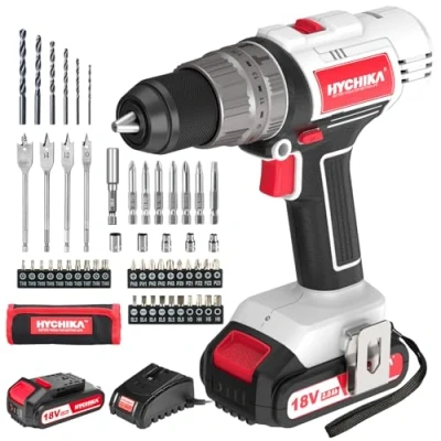 Image de HYCHIKA Perceuse Visseuse Sans fil 18 V, avec Batterie 2,0 Ah, Max 45 Nm, 2 Vitesses, Couple 21+3, Deviseuse 55 accessoires
