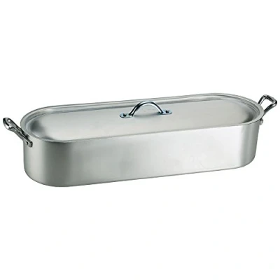 Image de Pentole Agnelli Poissonnière avec Bord, Couvercle et Grille, 2 poignées, en Aluminium BLTF, Finition Mate 40 cm Argent