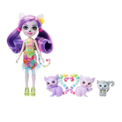 Image de Enchantimals Sunshine Beach Famille Lorinda Lémur Coffret avec petite poupée Lémur, ami Ringer et 2 figurines d’animaux de la même fratrie formant un cœur, HRX86