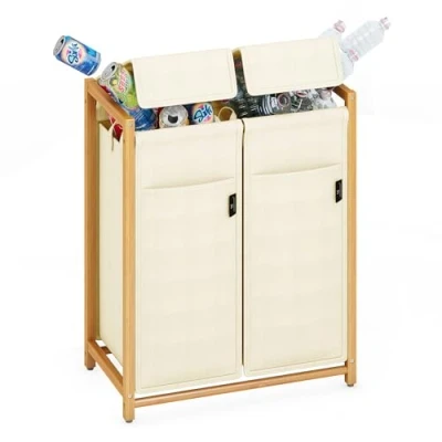 Image de AdelDream Collecteur de bouteilles en bambou avec couvercle 2 compartiments 100L pour vides récipient rangement verre usé plastique espace poubelle