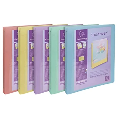 Image de Exacompta Réf. 51779E 1 Lot de 5 Classeurs Semi Rigides Kreacover Pastel en Polyproplylène Translucide 4 Anneaux Diam 30 mm Format ext 32 x 26.8 cm