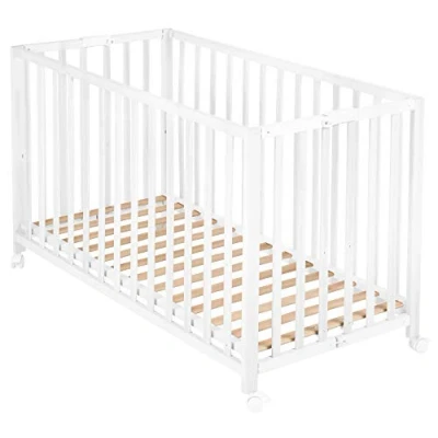 Image de roba Lit Bébé Pliant en Hêtre &quot;Fold Up&quot; 60x120 cm avec Roulettes à Freins Blanc