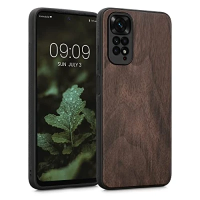 Image de kwmobile Housse Compatible avec Xiaomi Redmi Note 11 / 11Scoque Étui de Protection Rigide en Bois Cadre TPU Brun foncé