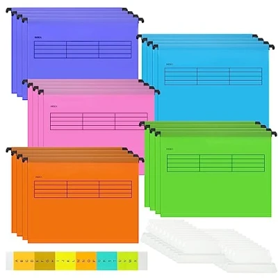 Image de Lot de 20 Dossiers suspendus A4 multicolores en polypropylène Multicolore Rangement avec onglets et inserts pour cartes travail, école, bureau