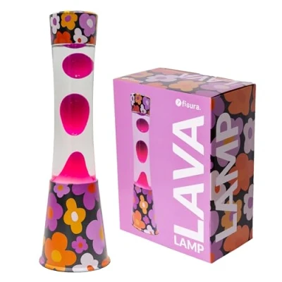 Image de Fisura Lampe à lave &quot;fleurs&quot;. Base imprimée de fleurs, liquide transparent et pourpre. Effet relaxant. Avec ampoule rechange. 11 cm x 39,5 cm.