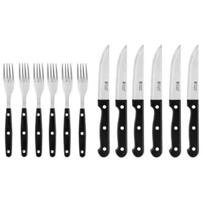 Image de Russell Hobbs Lot de 6 Couteaux à Steak avec lame dentelée Ensemble et Fourchette, Viande Poignées Ergonomiques, Table en acier inoxydable, RH000431