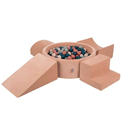 Image de KiddyMoon Velvet Aire De Jeux en Mousse avec Rond Piscine À Balles pour Enfants (300 Balles), Rose des Sables: Turquoise Foncé/Beige Pastel/Vert Gris/Saumon