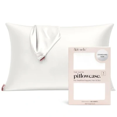 Image de Kitsch Taie d&#039;oreiller en Satin Lisse Taille Standard avec Fermeture éclair pour Les Cheveux et la Peau, Plus Douce Que Soie de mûrier, 48,3 x 66 cm (Ivoire)
