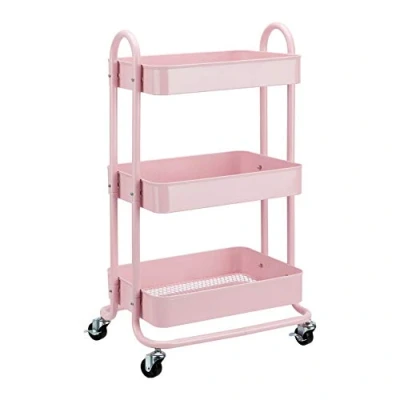 Image de Amazon Basics Chariot de rangement à 3 niveaux pour la cuisine ou buanderie avec roulettes Rose poudré